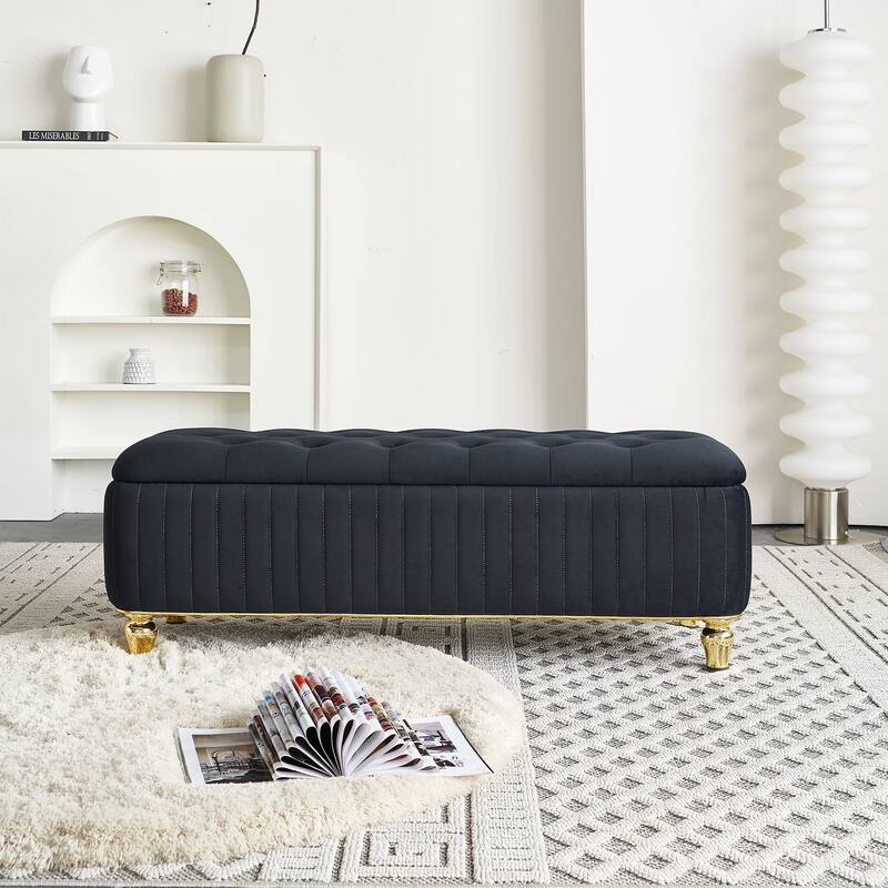 Velvet Fabric Storage Ottoman, Upholstered Button Tufted Storage Bench, End of Bed Bench with Safety Hinge & Metal Legs