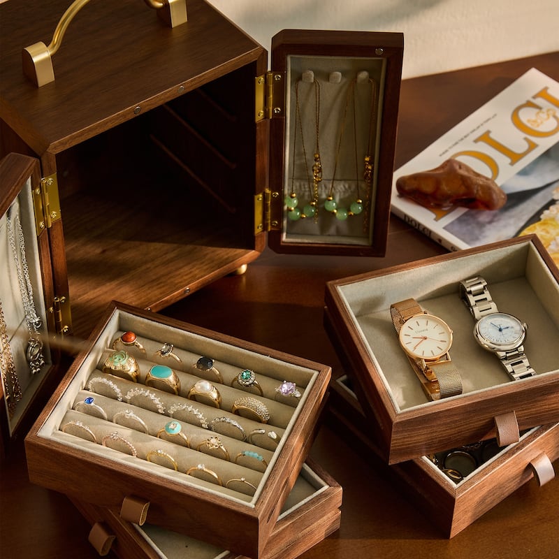 Handcrafted Black Walnut Wooden with Velvet Interior Jewelry Organizer - Ideal for Rings, Earrings & Bracelets