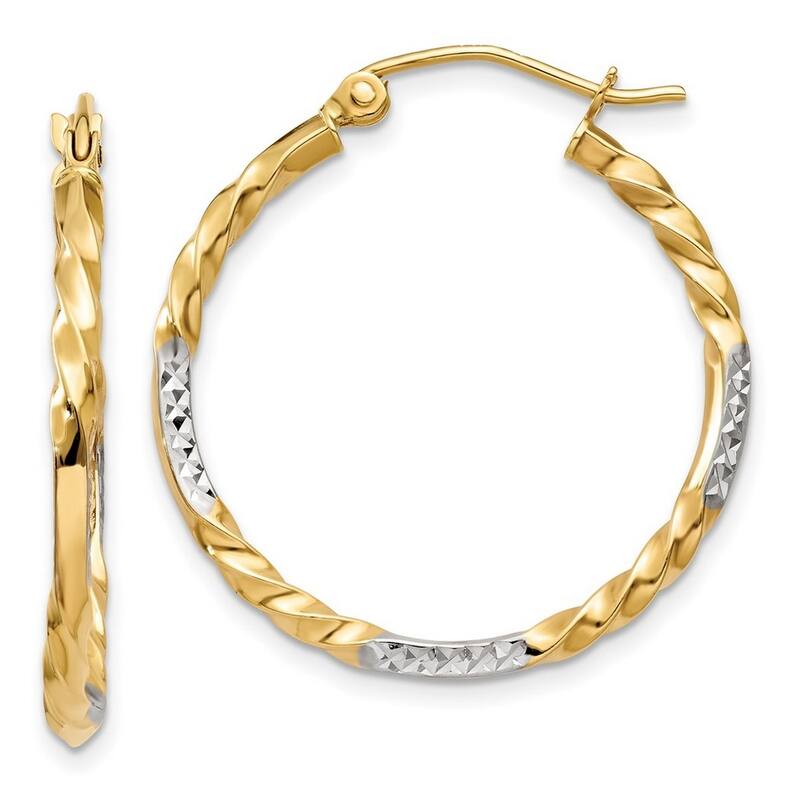 Curata 14k Yellow Gold and Rhodium Sparkle Cut 27x2mm Twisted Hoop Earrings