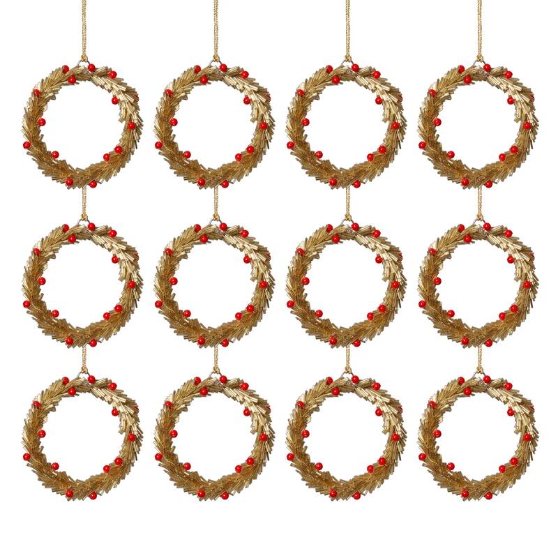 Festive Beaded Christmas Round Hanging Ornaments with Red Berries, Set of 12, 4"