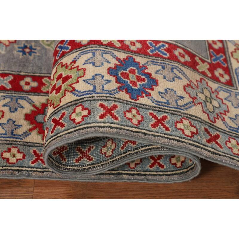 Gray Geometric Kazak Area Rug Hand-Knotted Wool Carpet - 5'2" x 6'7"