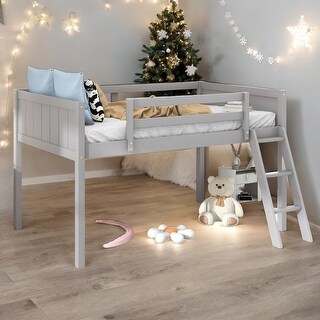 Twin Size Wood Low Loft Bed With Convertible Ladder for Home