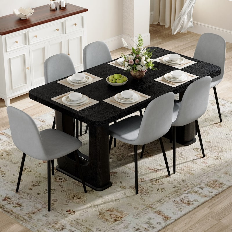7-Piece Modern Dining Table Set, 64.5x35.4 Inch Textured Wood Table & 6 High-Resilience Fabric Chairs with Metal Legs - Black,Light Gray