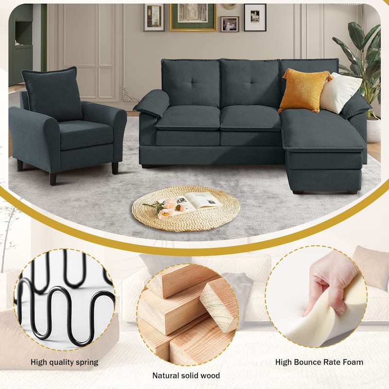 3-Piece Living Room Sectional Sofa Set with Chair and Ottoman