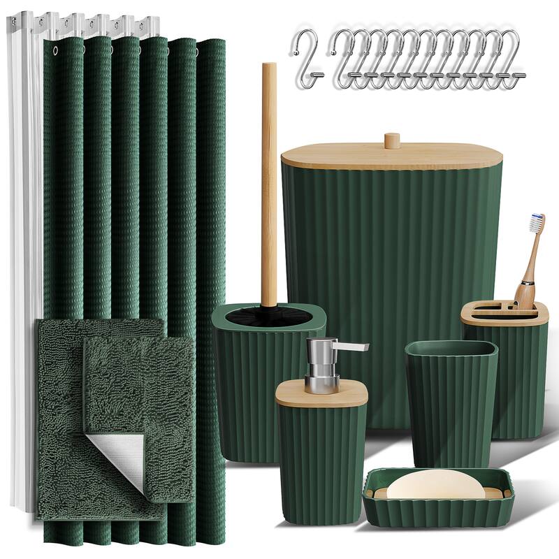 Empyrean Bamboo Bathroom Accessories Set with Shower Curtain Set, Toilet Brush, Trash Can & Soap Dispenser - Complete Set + Bath Rugs - Hunter Green