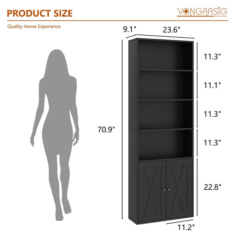 Farmhouse 6-Tier Open Bookcase and Bookshelf with Doors