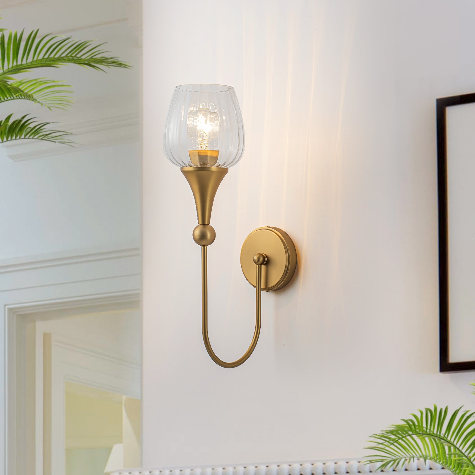 Matte Brass Wall Sconce with Clear Ribbed Glass Shade Living Room - W5.51 x H18.9 inch