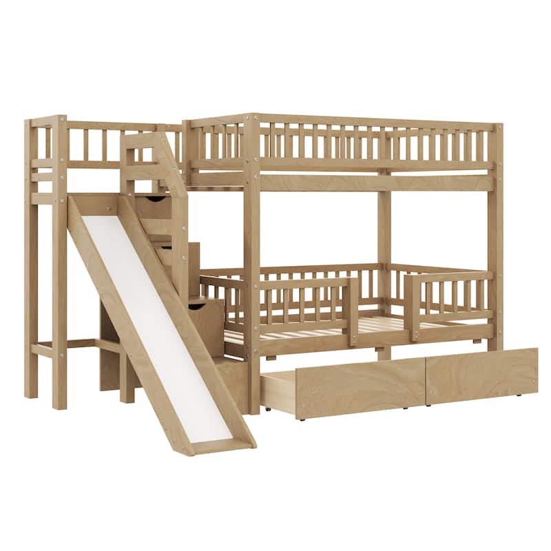 Twin Over Twin Bunk Bed with Storage Staircase, Slide and 2 Drawers