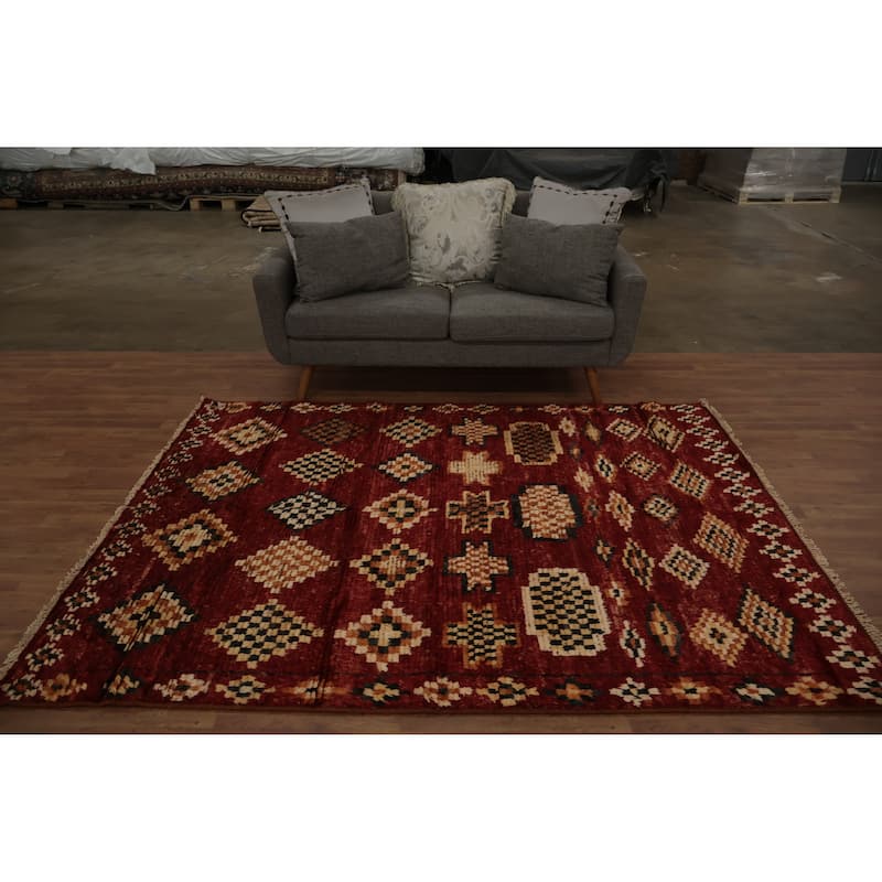 Hand Knotted Oriental 100% Wool Carpet Modern Tribal Red Moroccan Area Rug - 7' 6'' X 5' 11''