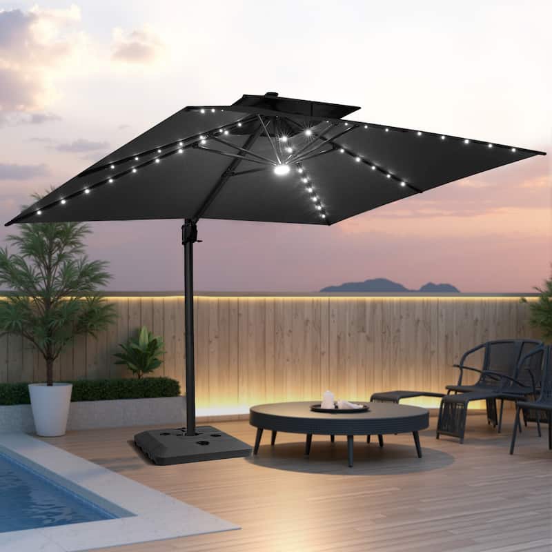 Pellebant 10x13 FT Outdoor Patio Double Top Cantilever Umbrella Solar LED Lighted with 4 Piece Square Offset Umbrella Base