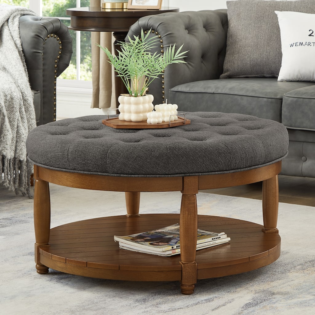 Large Round Tufted Linen Ottoman Coffee Table with Solid Wood Shelf - Granite Tone