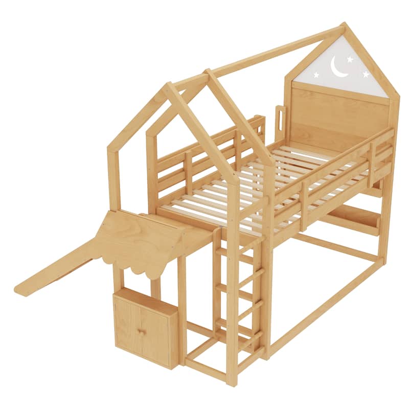 Playful House Bed Starry Moon Cottage Twin Size Loft Bed with Built-in Bookshelves, Reversible Slide and Front & Side Ladders