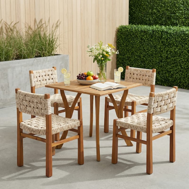 Christopher Knight Home - 5-Piece Dining Set with Acacia Wood Frame & Light Grey Wicker Weave Chairs and Square Table - Natural+BeigeWicker