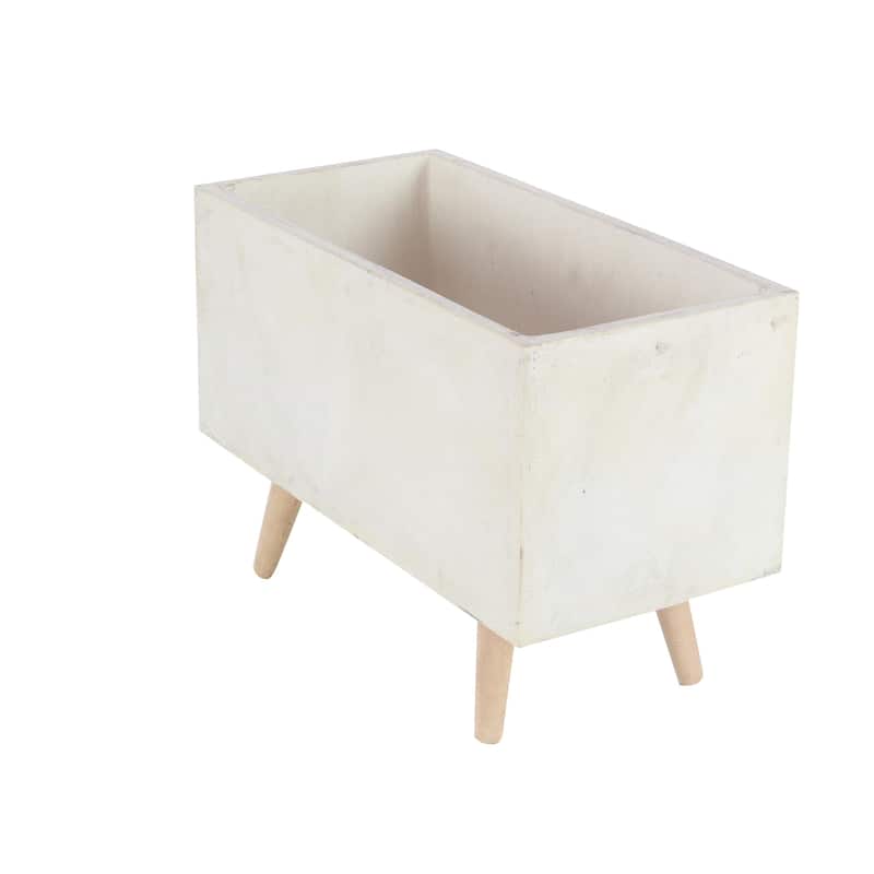 Fiberclay Ceramic Rectangular Indoor Outdoor Planter with Brown Wooden Legs - Set of 2 White - Roche River Decor