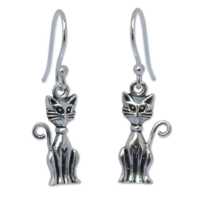 NOVICA Handmade Sterling Silver 'Feline Fantasy' Dangle Earrings (Thailand) - White