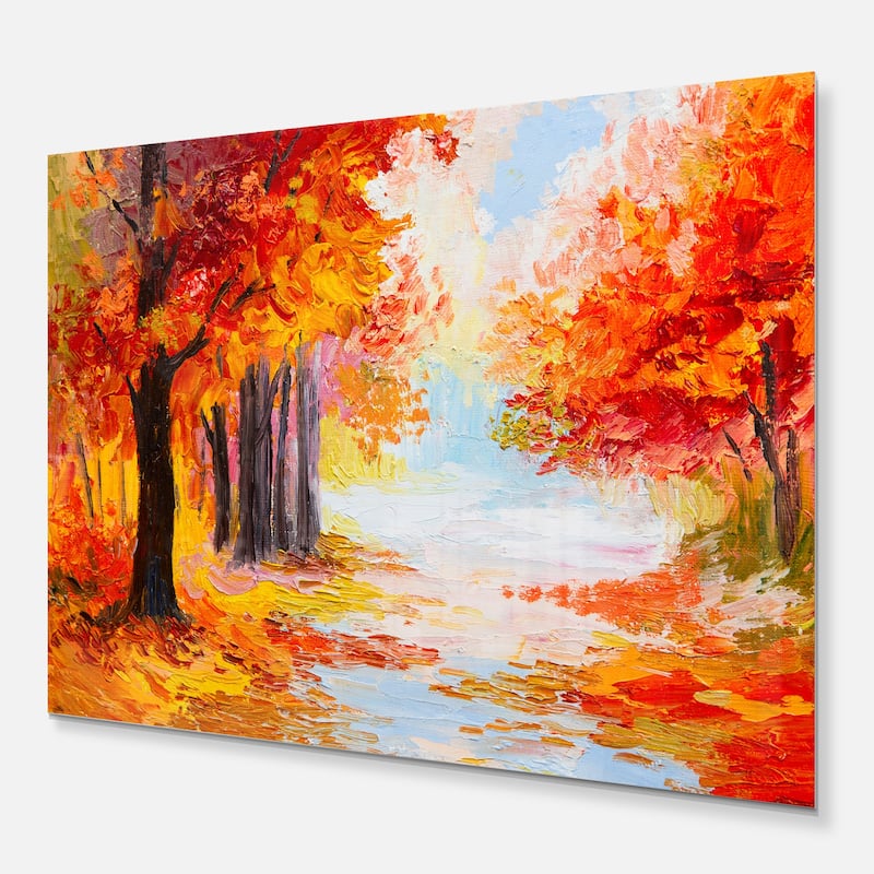 Designart 'Orange Forest in Autumn' Landscape Metal Wall Art