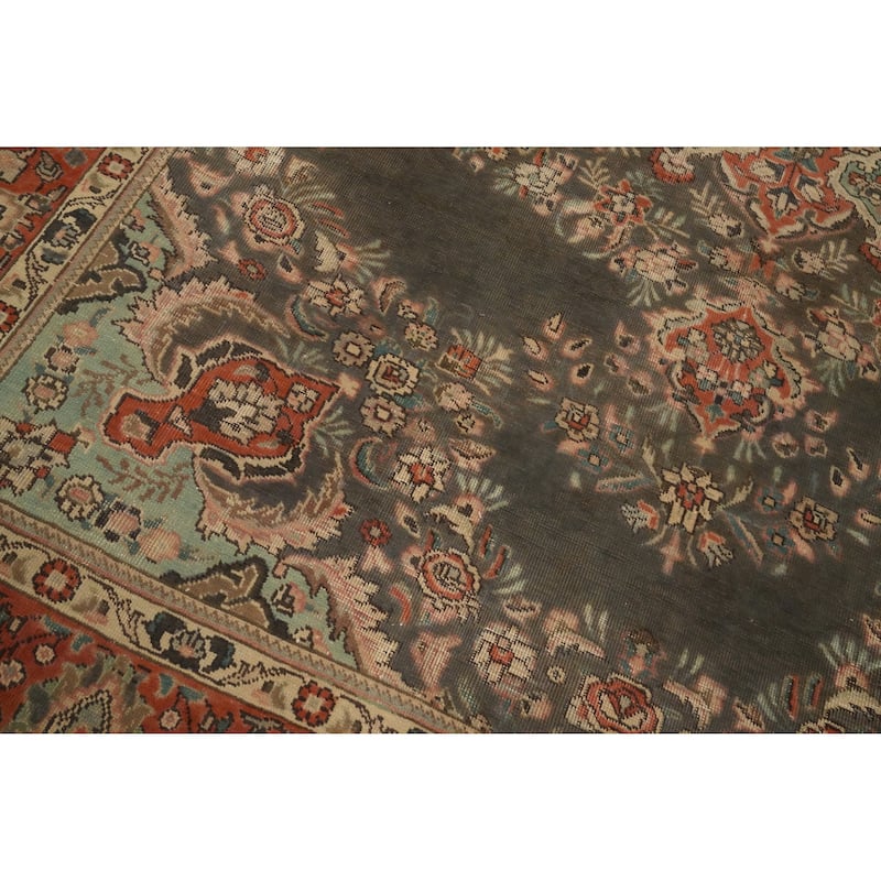 Hand Knotted Oriental 100% Wool Carpet Traditional Floral Greys & Charcoal Tabriz Area Rug - 10' 1'' X 7' 3''