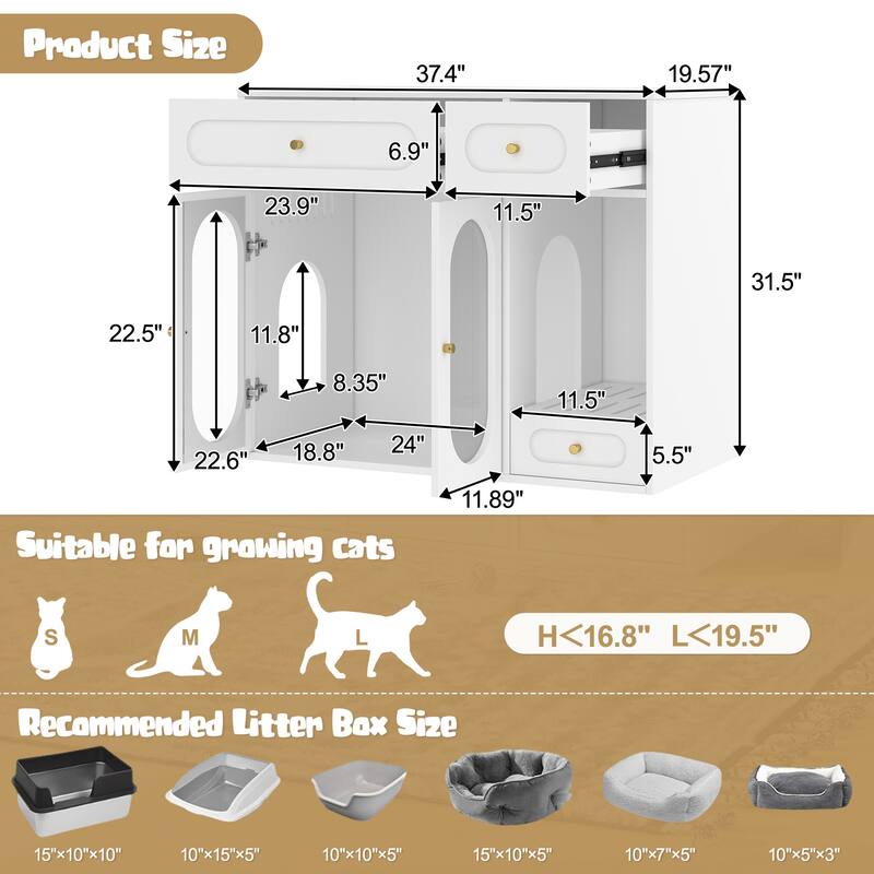 Cat Litter Box Enclosure with LED Light, Hidden Litter Box Furniture with Storage Drawers, Indoor Pet House with Acrylic Doors