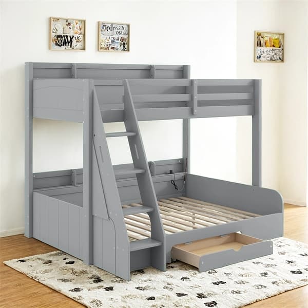 slide 2 of 17, Twin over Full Bunk Bed with Storage Shelves,LED,Charging Station