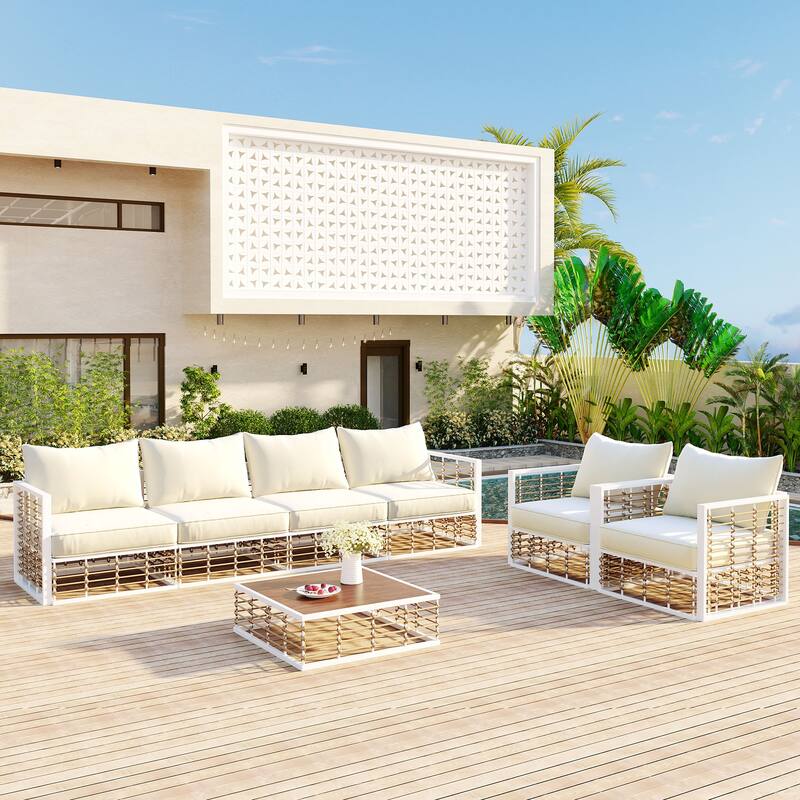 Patio Modular Sectional Sofa Convertible Furniture Set wCoffee Table - White