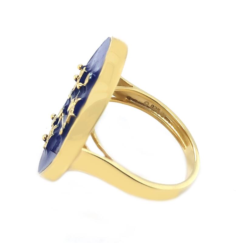 Sterling Silver Over Gold Plated White Zircon With Blue Enamel Leo Zodiac Signs Ring