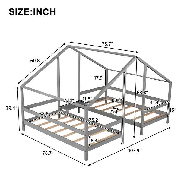 dimension image slide 0 of 2, Twin Size Pine Double Bed with A Shared Desktop and Rooftop Style