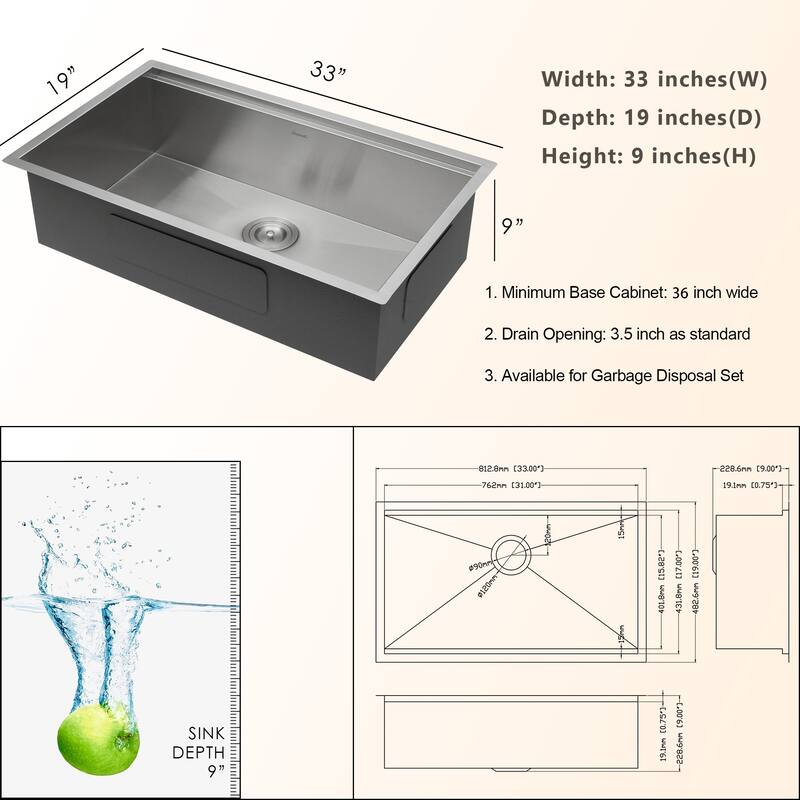 Lordear 30/32/33 Inch Stainless Steel Ledge Workstation Undermount Kitchen Sink