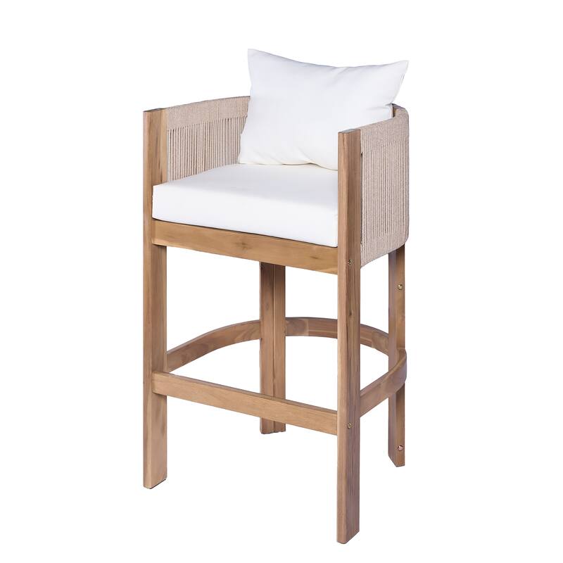 Roomfitters Matera Outdoor Acacia Wood Barstools with Rope Back, Teak Finish and Beige Set of 2