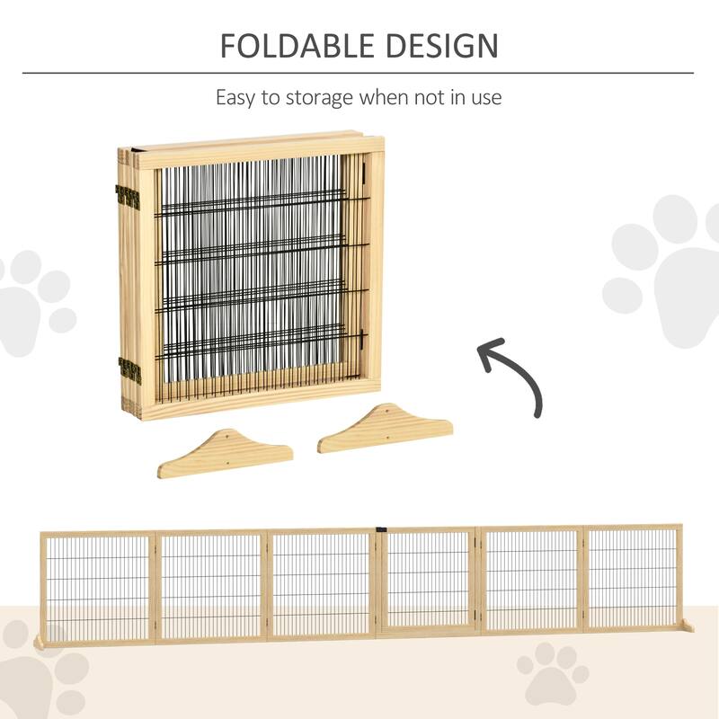 Pine Wood and Steel Foldable Pet Gate with 6 Panels - 170.1" L x 14.2" W x 27.6" H