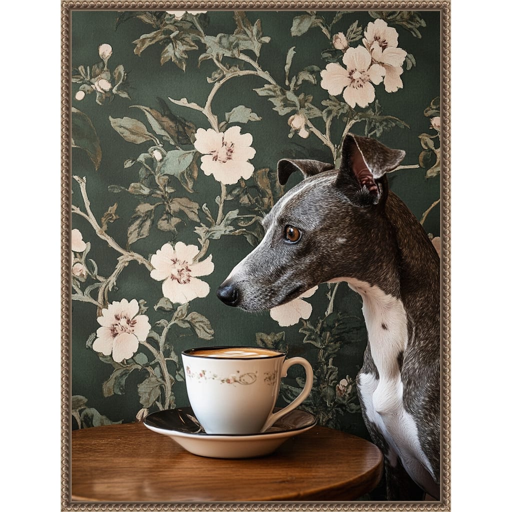 The Coffee Loving Whippet by Mowzu Framed Canvas Wall Art