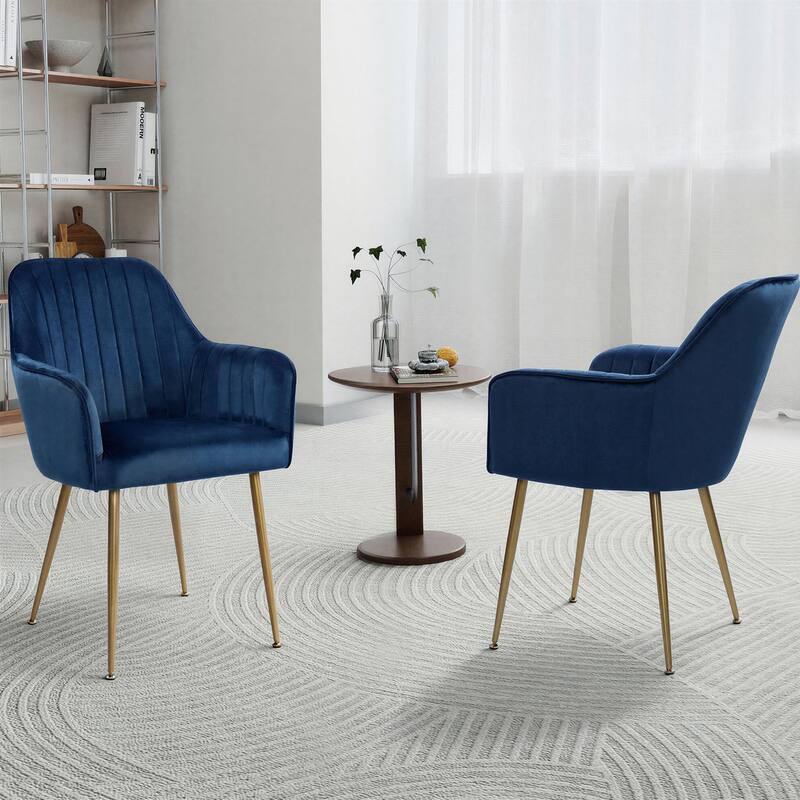 Velvet Accent Dining Chairs with Gold Metal Legs Set of 2 - Blue-2-Piece
