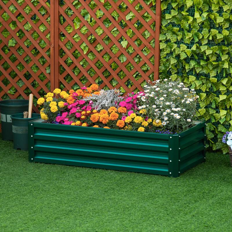 Outsunny 4' x 2' x 1' Raised Garden Bed Box with Weatherized Steel Frame for Vegetables, Flowers, & Herbs, Green - Green - Metal