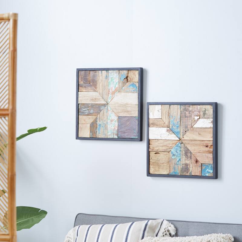 Brown Teak wood Rustic Wall Decor (Set of 2) - 17 x 2 x 17