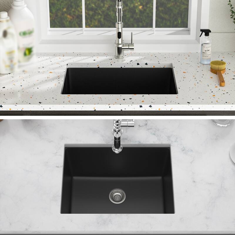 24" Undermount Single Bowl Quartz Kitchen Sink in Black - 24'' x 18'' x 12''