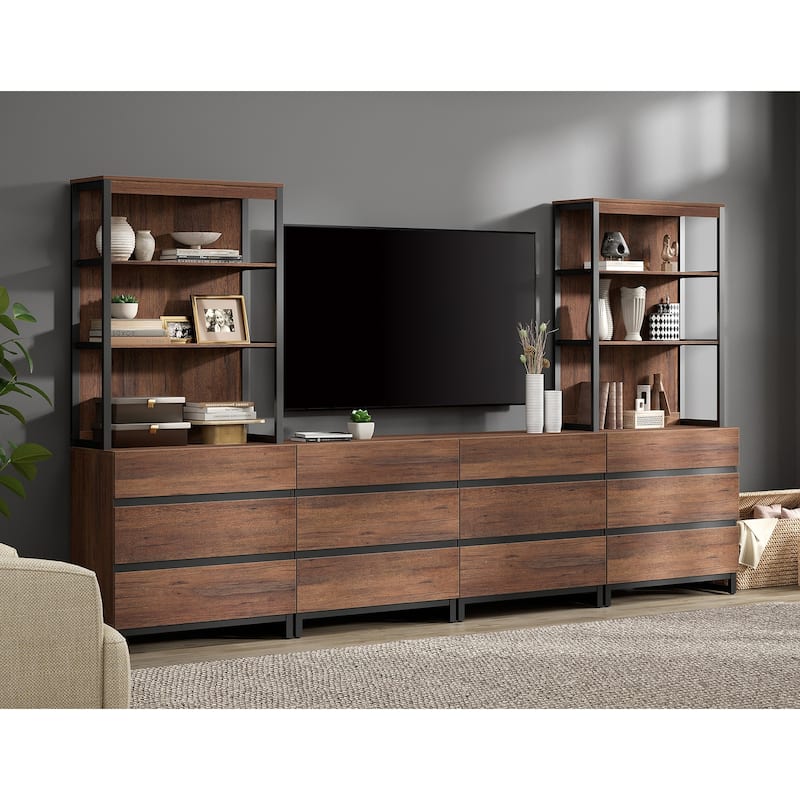 WAMPAT Modern TV Stand with 3 Tiers Bookshelf, Farmhouse Entertainment Center with 12 Drawers and Adjustable Shelf