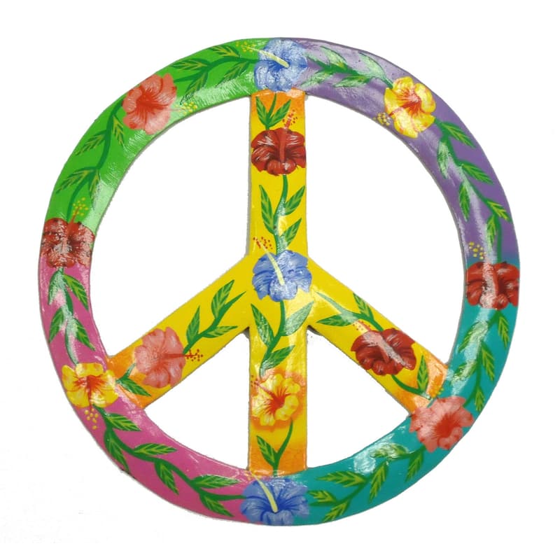 Tropical Hibiscus Peace Sign Haitian Metal Wall Art 13 inch - Multi