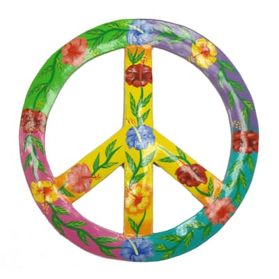 Tropical Hibiscus Peace Sign Haitian Metal Wall Art 13 inch - Multi