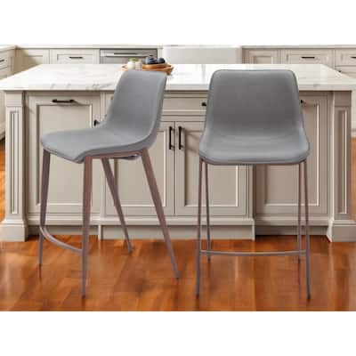 Set of Two 26" Slate Gray and Brown Faux Leather and Steel Counter Height Bar Chairs