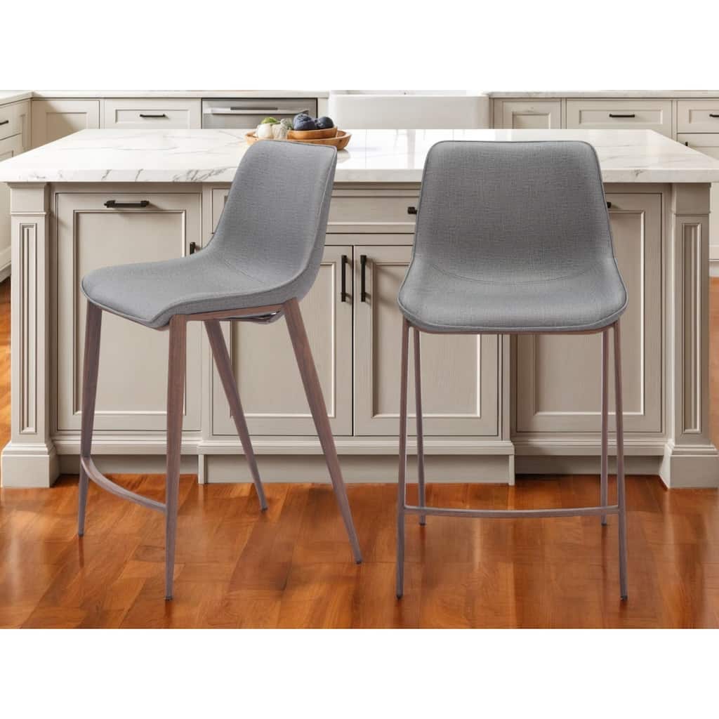 Set of Two 26" Slate Gray and Brown Faux Leather and Steel Counter Height Bar Chairs
