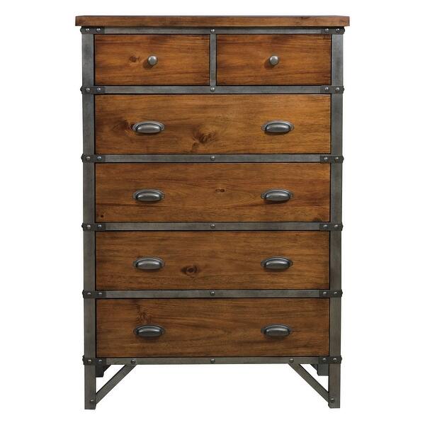 slide 2 of 5, Wooden Chest with Studded Nailheads and 6 Spacious Drawers, Brown