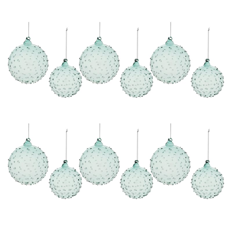 Hobnail Glass Christmas Ball Ornaments - 4" (100mm) - Aqua Blue - 12ct