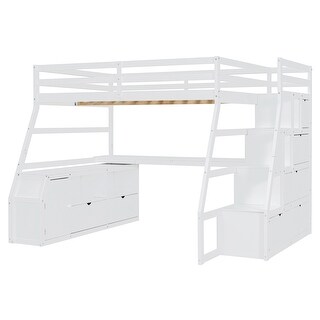 Loft Bed Frame wDesk and Storage Staircase, Wood Loft Bed with 7 Drawers and 2 Shelves, Kid's Loft Bed Study Bed with Staircase