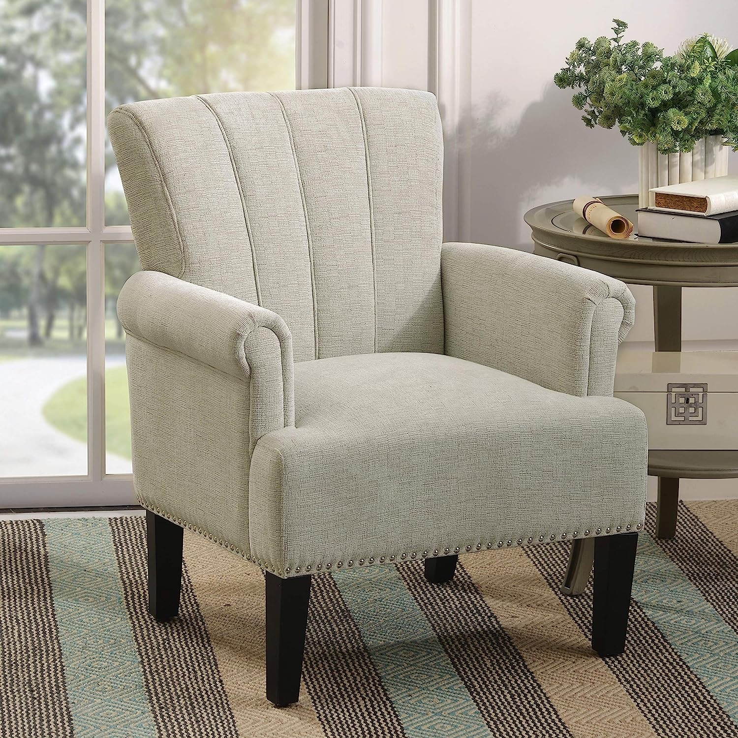 Rivet Tufted Polyester Sofa Chair for Bedroom Office Cream Bed