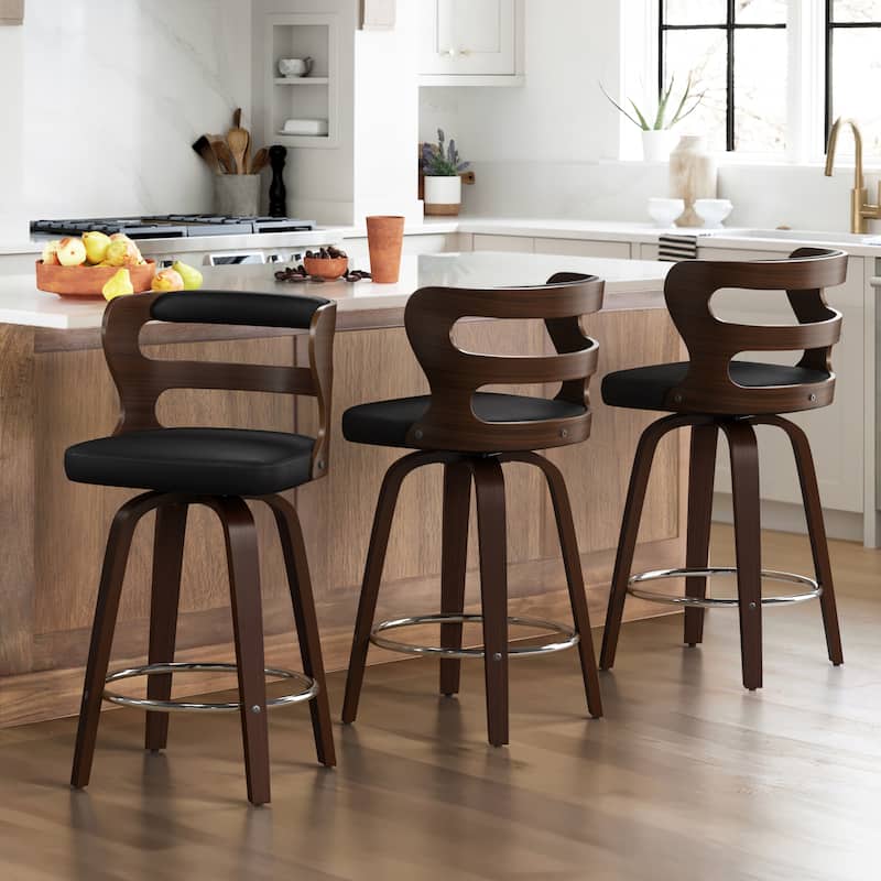 LUE BONA 26" Walnut and Faux Leather Swivel Counter Bar Stools With Backs - 26" H