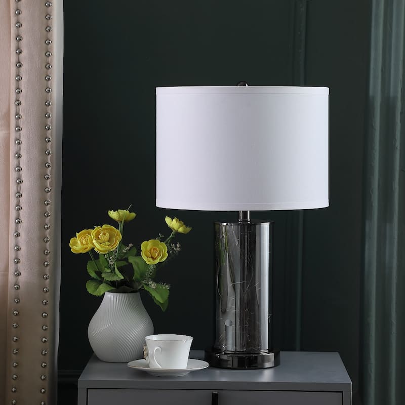 21" Contemporary Black Chrome LED Table Lamp with Crystal Base and White Drum Shade for Bedroom - 21.25"H x 13"W x 13"D