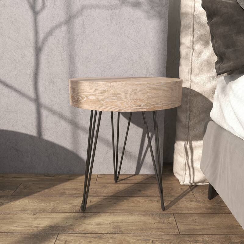 Wooden Round Accent Table with Black Metal Hairpin Legs - Brown - Roche River Decor