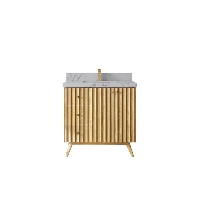 Willow Collections 36 in. W x 22 in. D Pasadena Solid Teak Center Sink Bathroom Vanity with Countertop - 2"Venatino Quartz - Light Natural