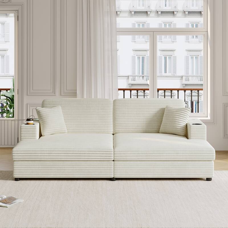 86.5" Corduroy Chaise Lounge Sofa Bed with USB & Cup Holders