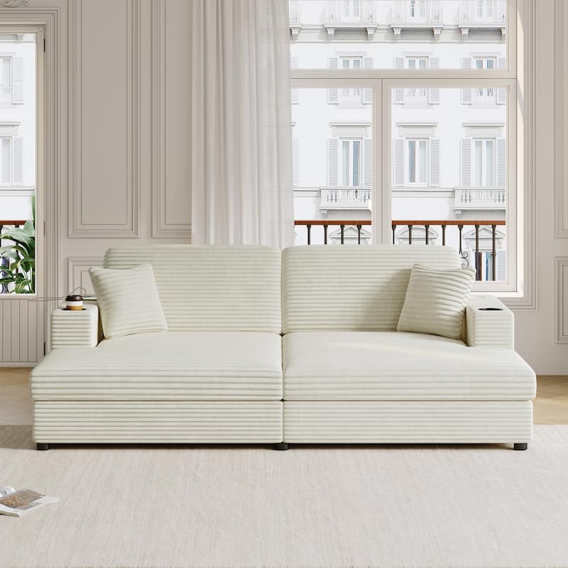Roomfitters Oversized Loveseat Chaise Lounge Sectional Sofa Bed, Corduroy Sleeper with USB Ports, Cup Holders