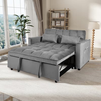 3 in 1 Convertible Sleeper Sofa Bed, Small Loveseat Lounge Sofa, Velvet Fabric Sofa with Side Pocket, Reclining Back & Pillows